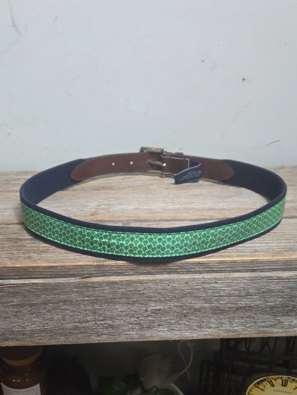 Vineyard Vines Leather And Fabric Green Silk Shamrock Belt